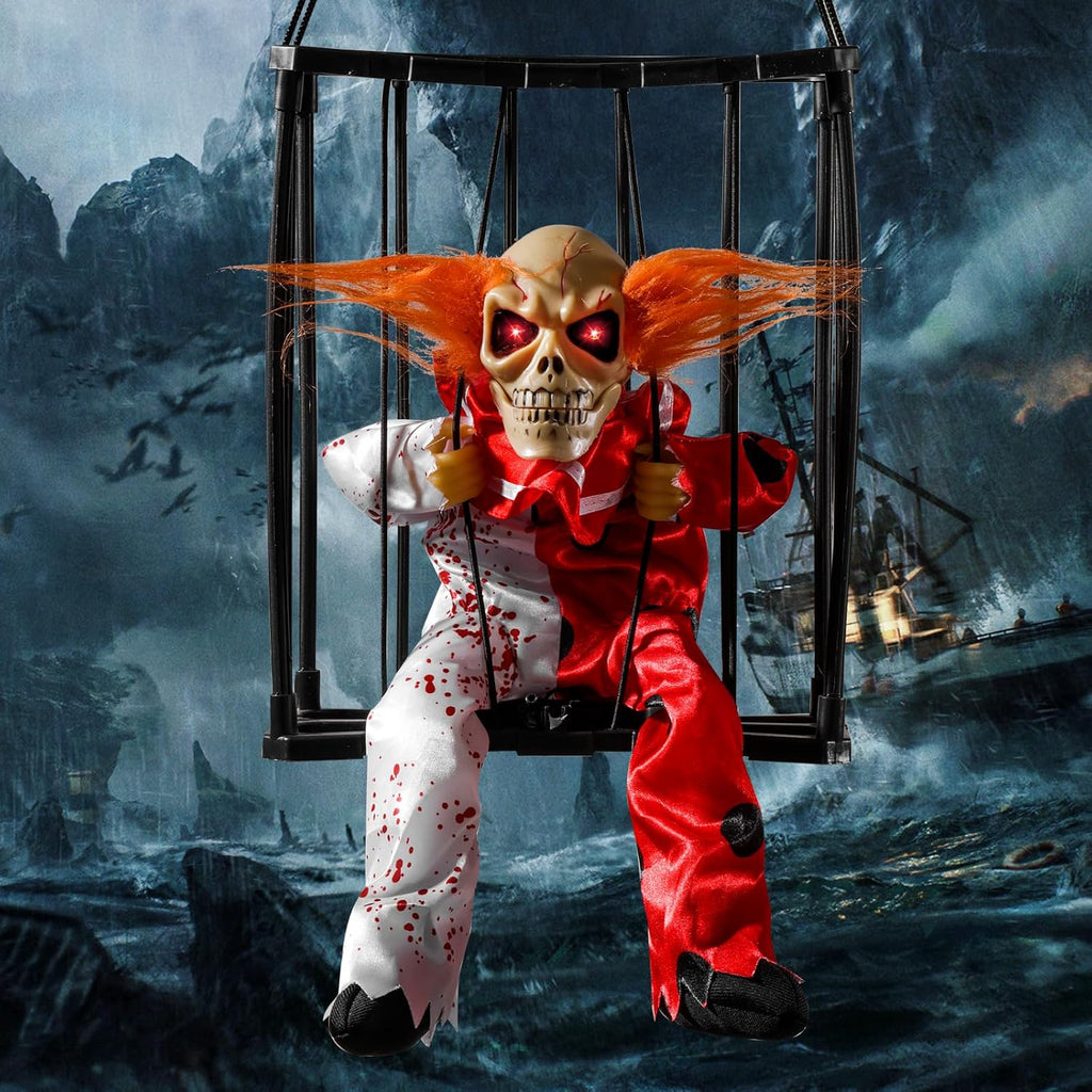 Screaming Halloween Decorations, Animated Halloween Decor,Clown Scary Skull Cage