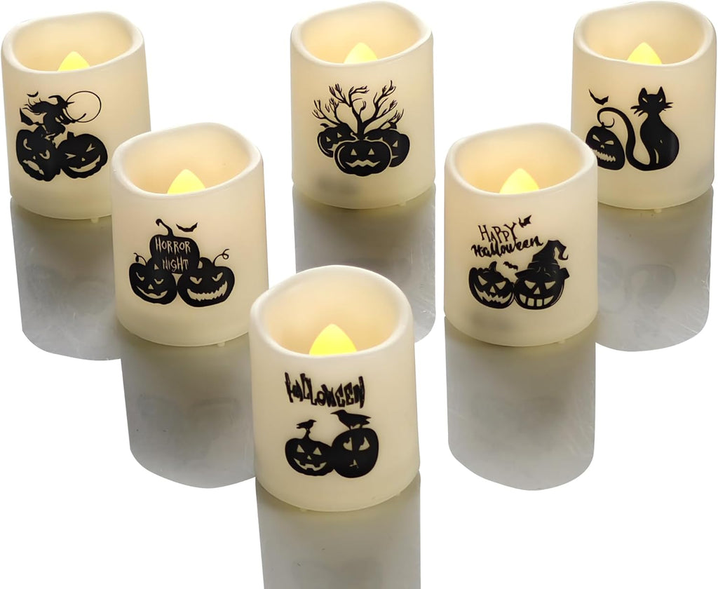Battery Operated Flameless Votive Candles, Small Realistic Flickering Electric LED Candle Lights with Pumpkin Decals for Halloween Decorations, Pack of 6, Batteries Included