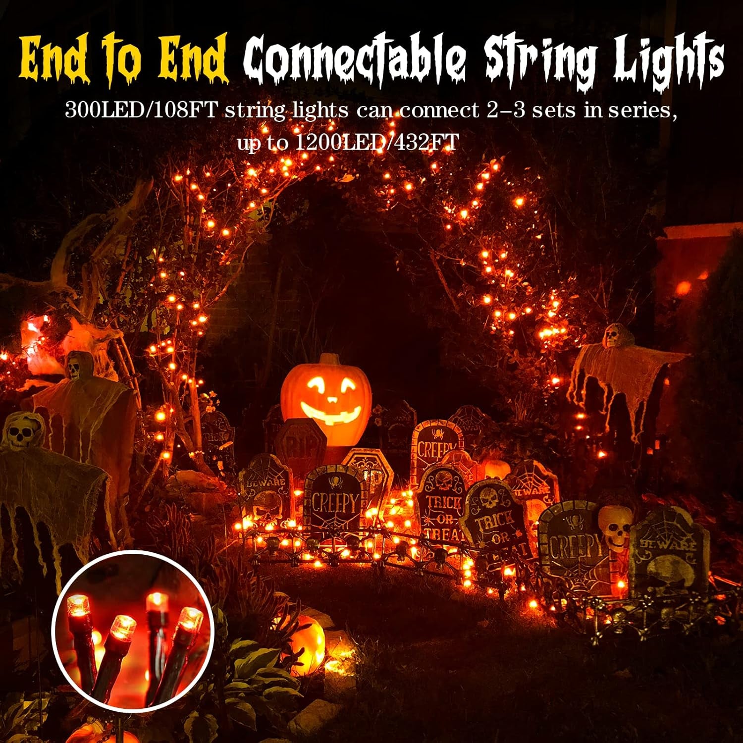 Halloween Lights Orange String Lights Outdoor Indoor Waterproof 300LED Incandescent Mini String Lights 108FT Halloween Decorations for Tree Garden Party Carnival Thanksgiving Christmas Decor