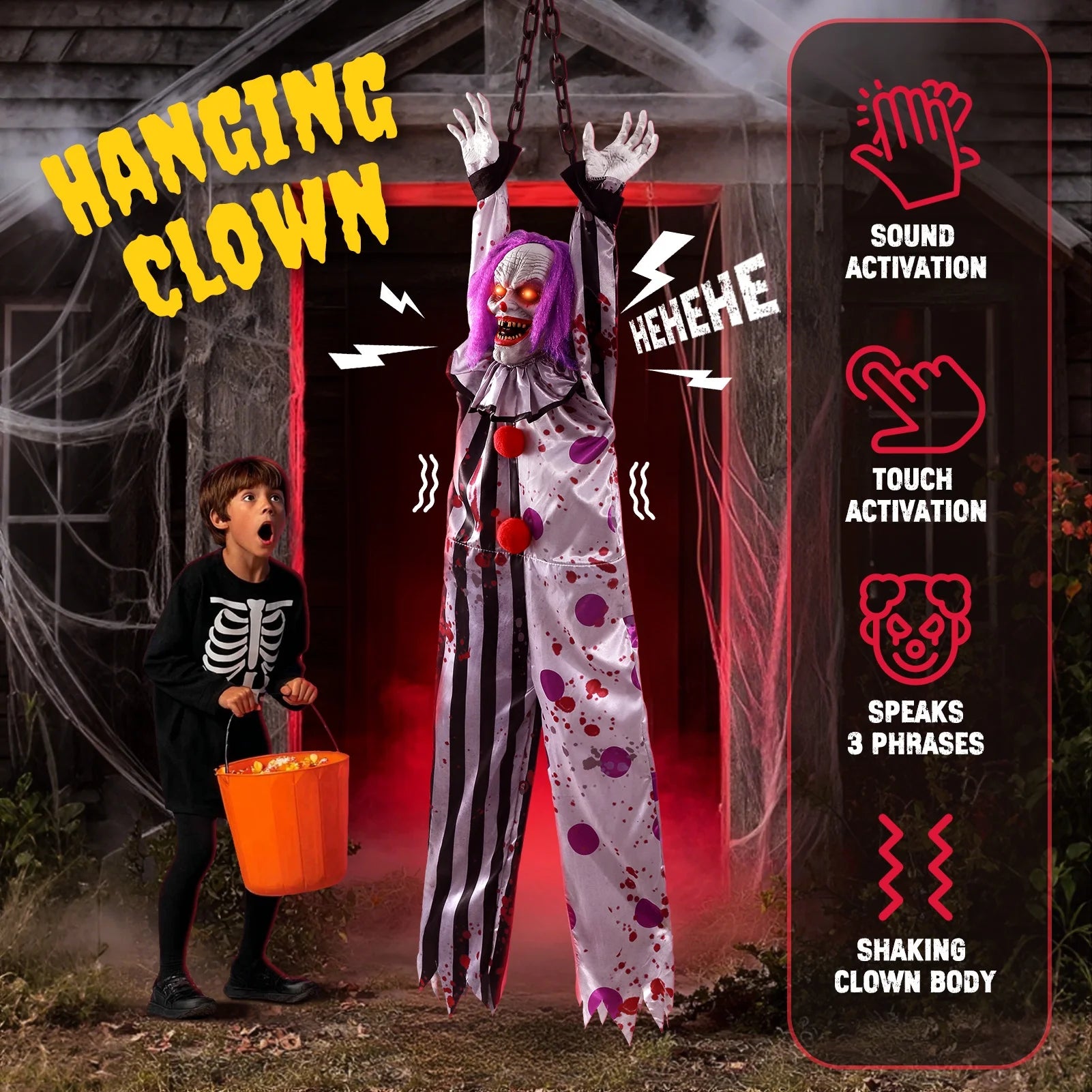 59In Halloween Animatronics, Hanging Halloween Clown Sound Sensor, Scary Halloween Decorations Outdoor, Haunted House Prop