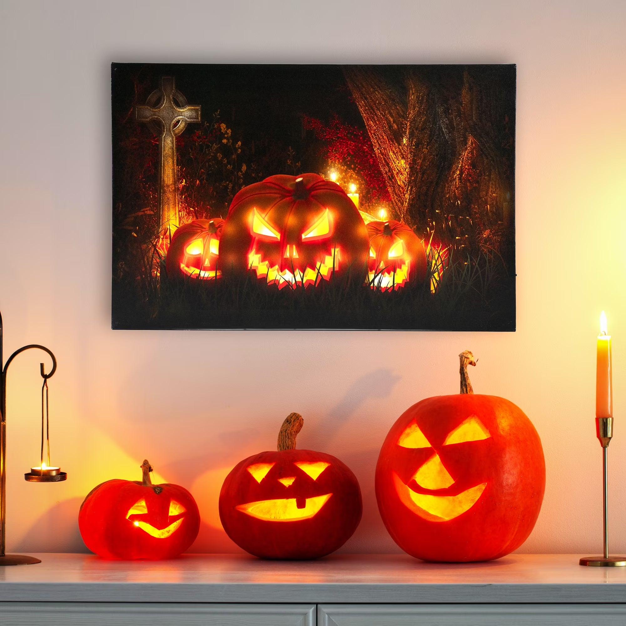 LED Lighted Jack-O-Lanterns in Cemetery Halloween Canvas Wall Art 23.5" X 15.5"