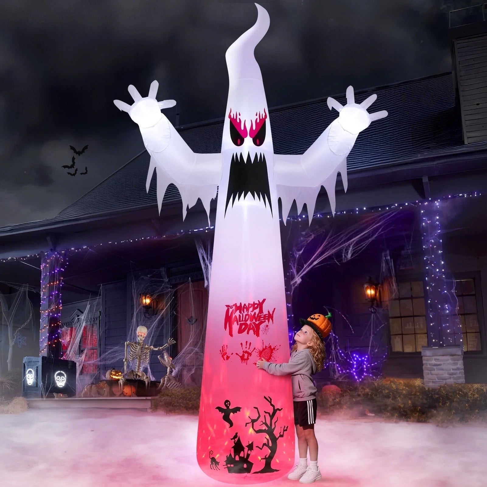 10FT Halloween Inflatables Blow up LED Giant Red Ghost for Outdoor Halloween Yard Inflatables Garden Yard Lawn
