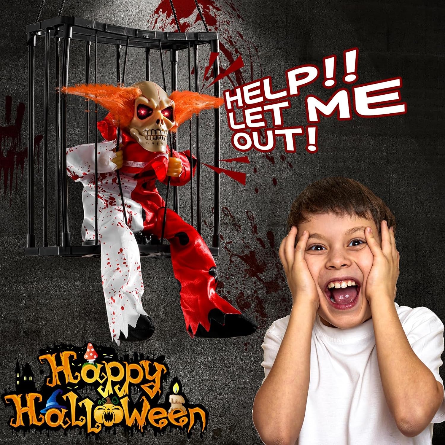 Screaming Halloween Decorations, Animated Halloween Decor,Clown Scary Skull Cage