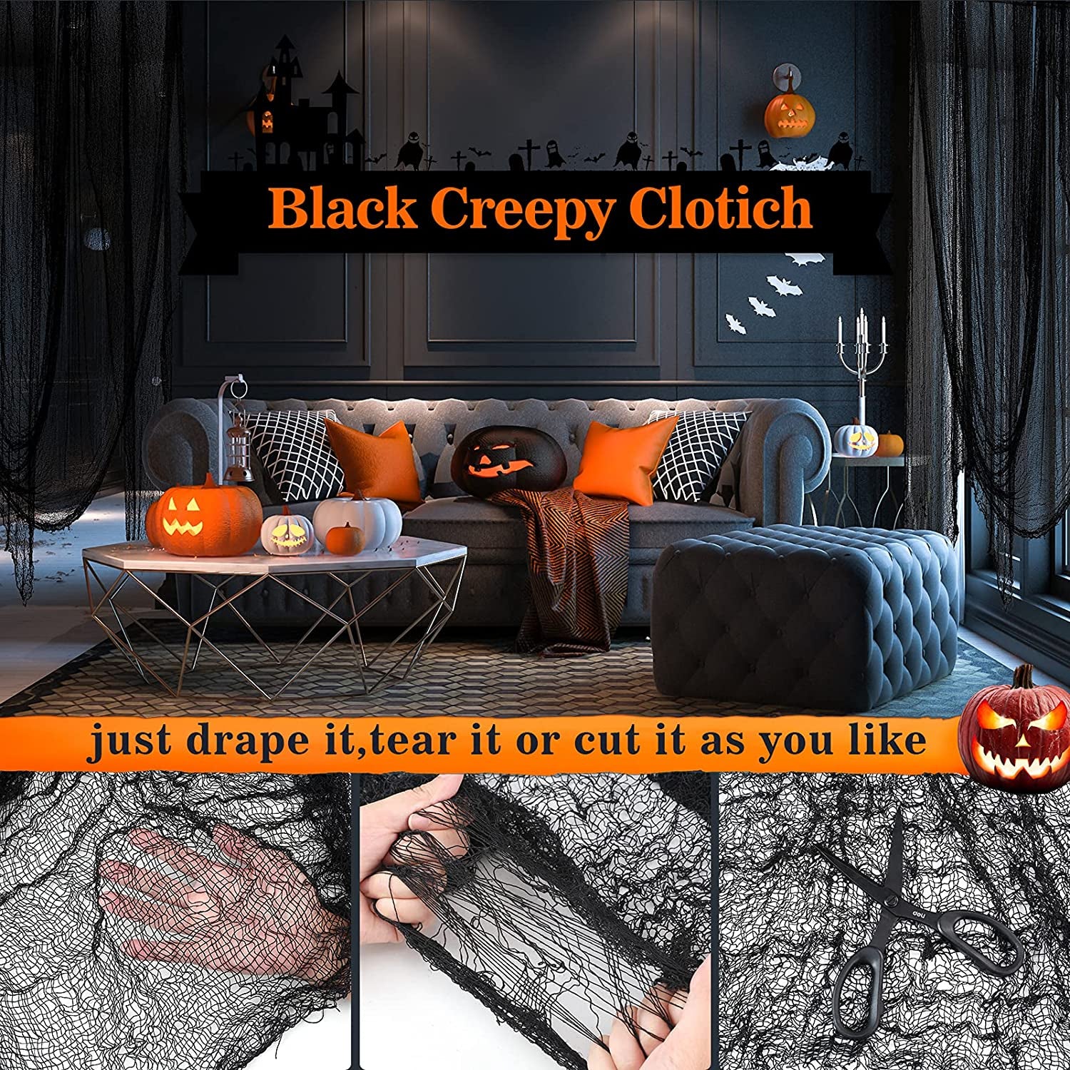 5Pcs Halloween Creepy Cloth Black 30×72Inch - Halloween Decorations Clearance - Creepy Spooky Halloween Decorations Outdoor Indoor