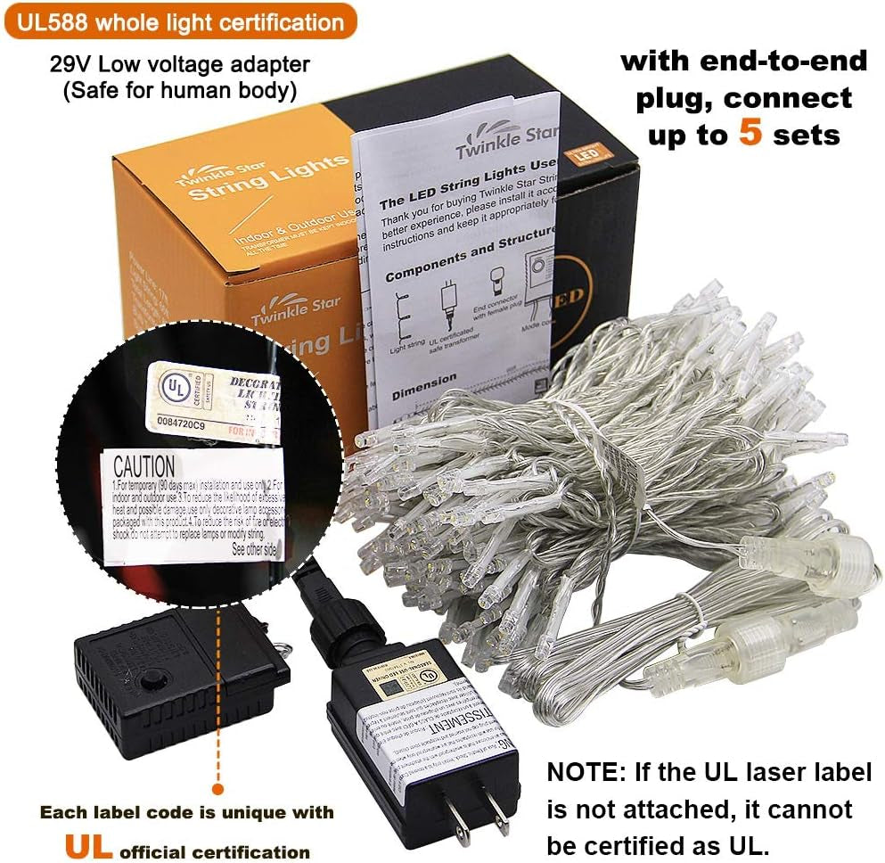 66Ft 200 LED Indoor String Lights, Pulg in String Lights 8 Modes Waterproof Indoor Outdoor Christmas Tree Wedding Party Bedroom Decorations (White)