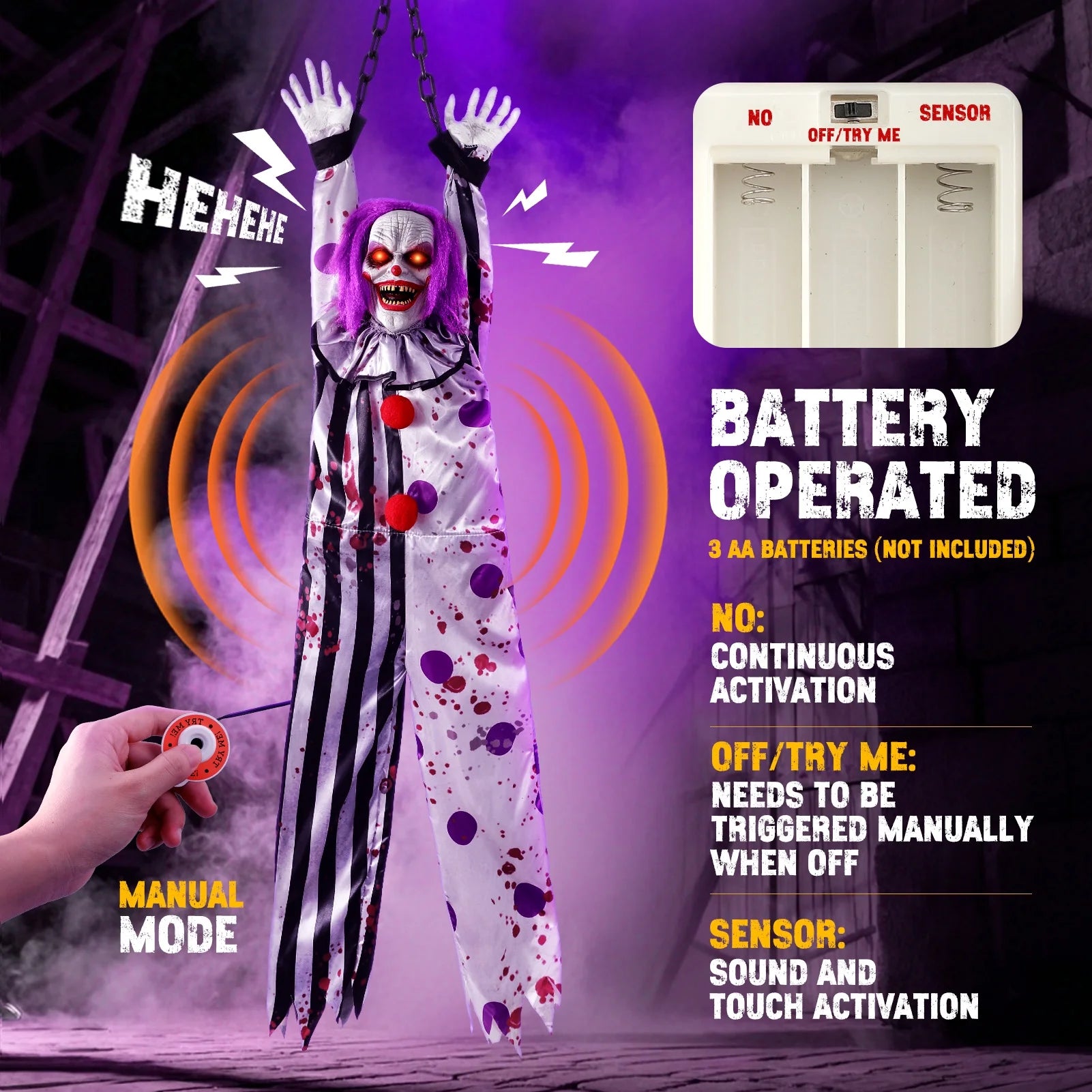 59In Halloween Animatronics, Hanging Halloween Clown Sound Sensor, Scary Halloween Decorations Outdoor, Haunted House Prop