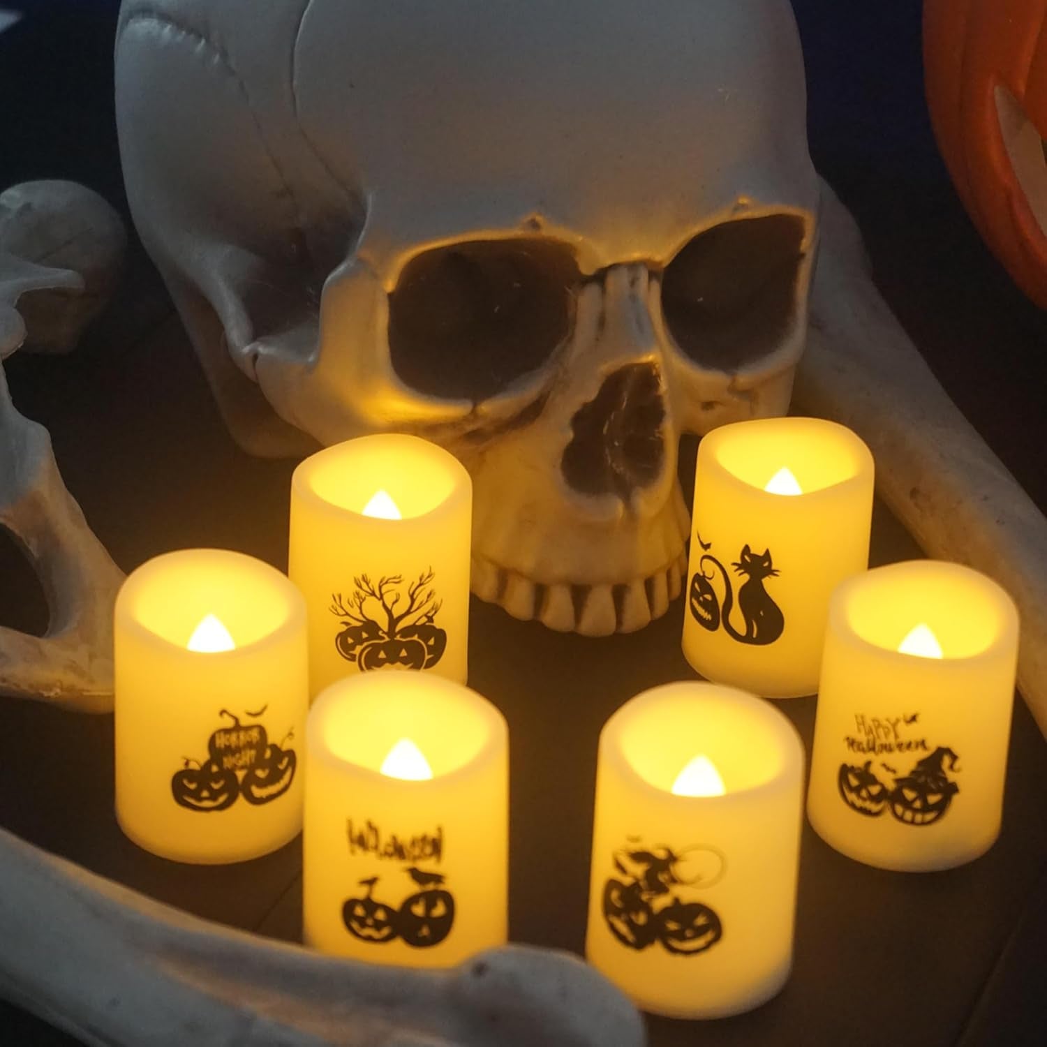 Battery Operated Flameless Votive Candles, Small Realistic Flickering Electric LED Candle Lights with Pumpkin Decals for Halloween Decorations, Pack of 6, Batteries Included
