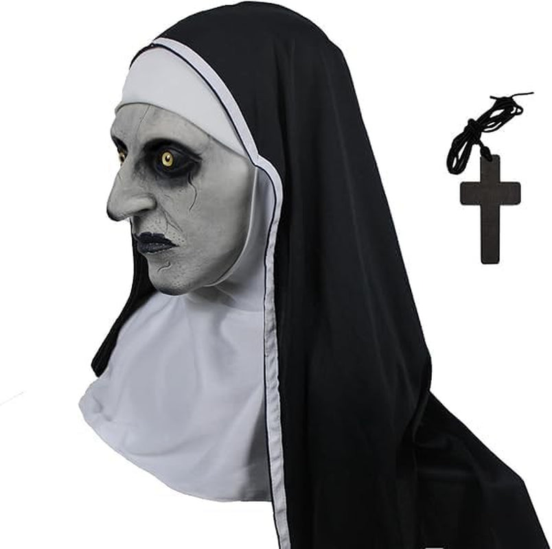 The Nun Scary Halloween Mask, Full Head Horror Mask with Cross Necklace, Gothic