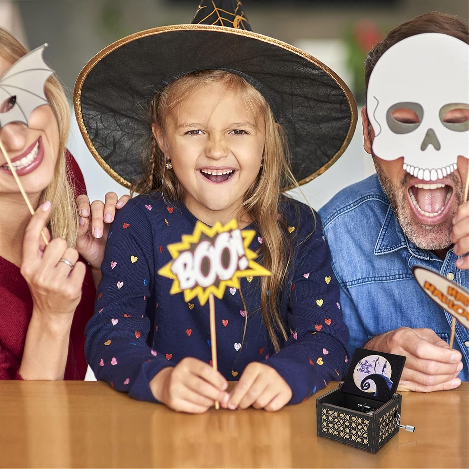 This Is Halloween Tune Wood Music Box before Christmas Hand Crank Engraved Vintage Wooden Music Box Gifts for Kids/Girlfriend/Women/Daughter for Halloween Christmas Birthday(White Black)