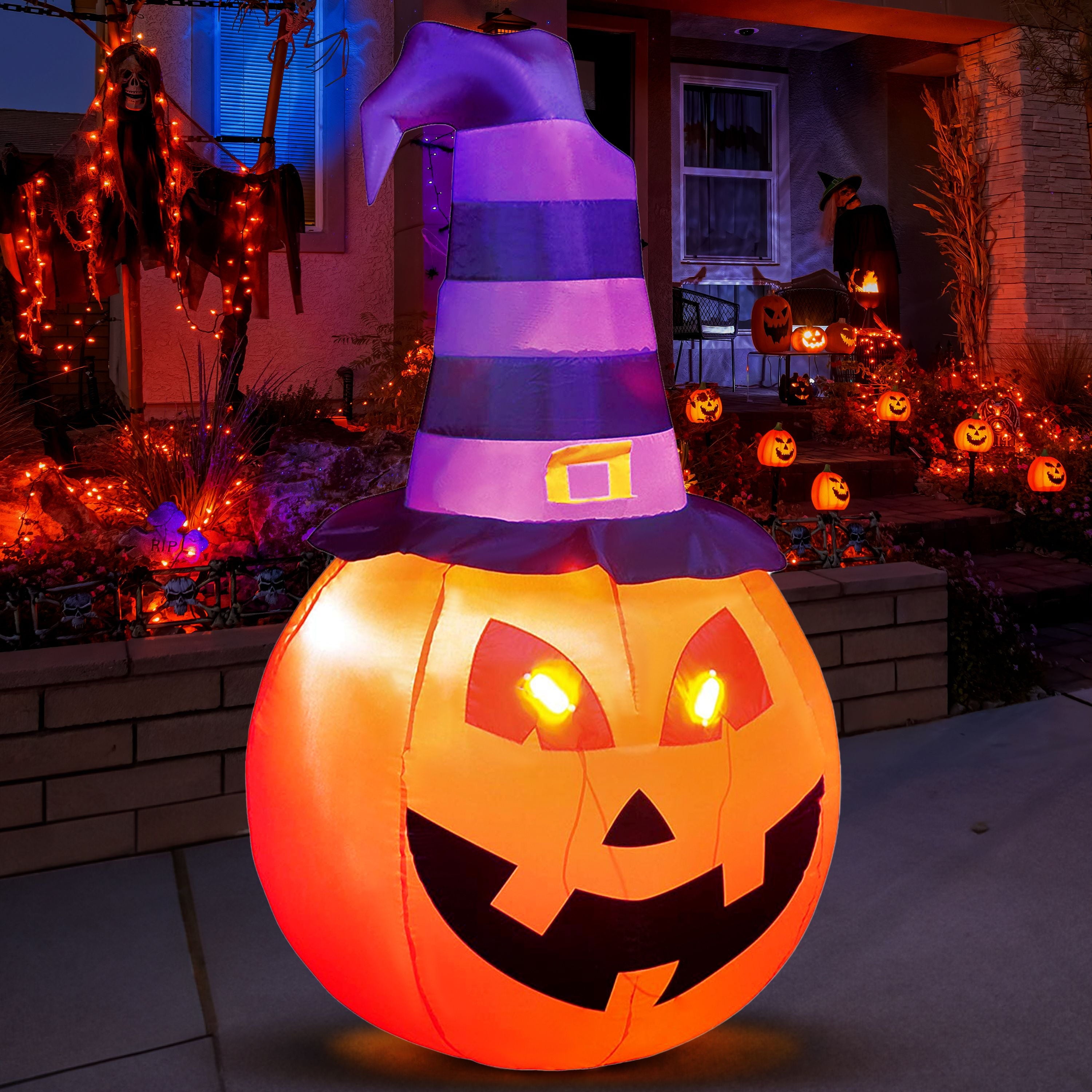 5 FT Halloween Inflatable Pumpkin with Witch Hat and Build-In Leds,Blow up Halloween Decorations,Fall Inflatables Outdoor Decorations