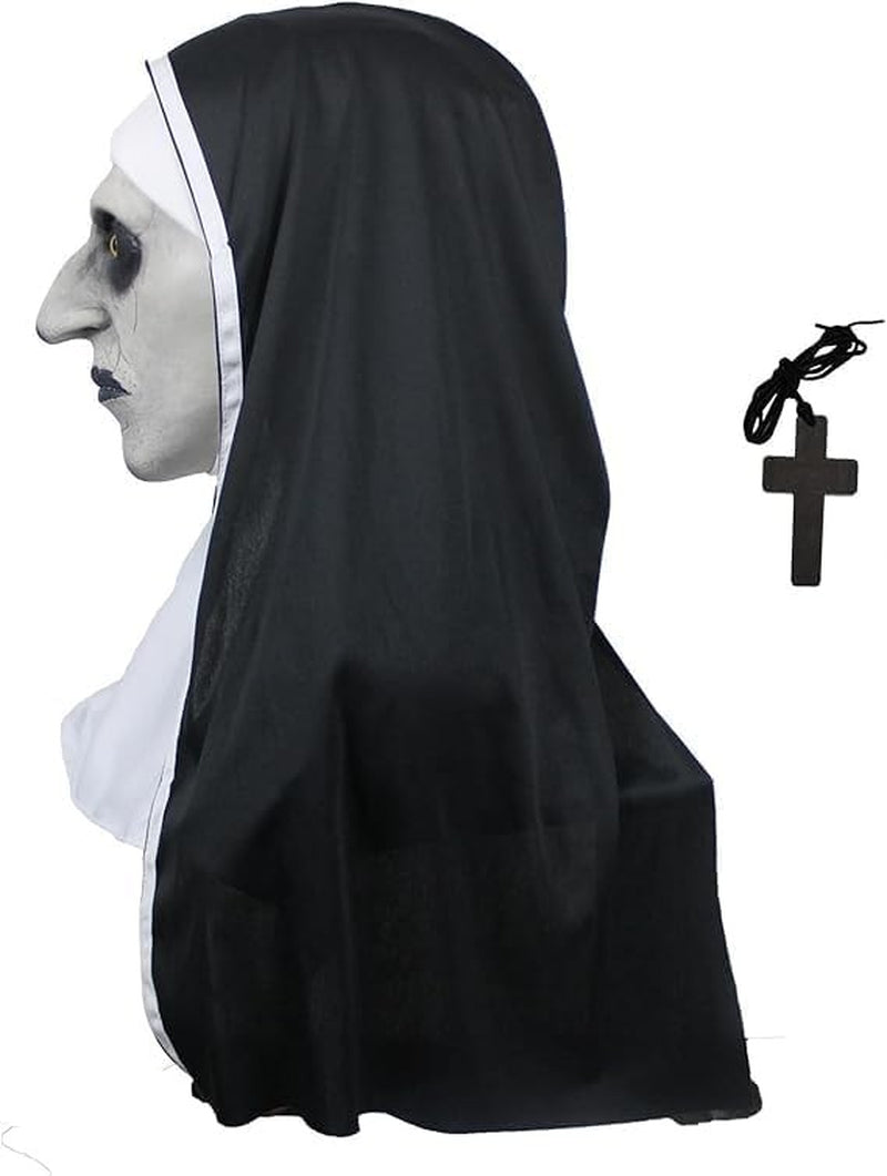 The Nun Scary Halloween Mask, Full Head Horror Mask with Cross Necklace, Gothic