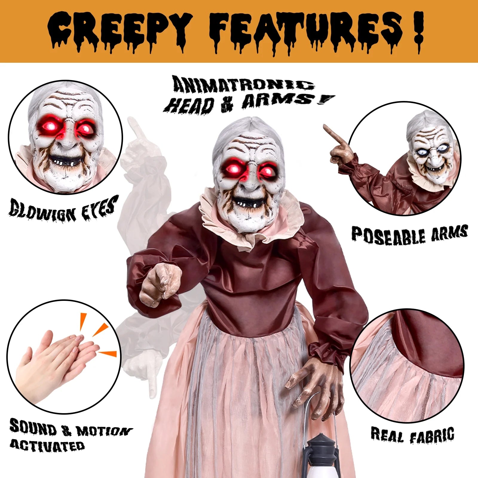 5FT Halloween Animatronics Life Size Witch Scary Prop, Motion Activated Outdoor Decoration for Haunted House Party Lawn Patio Yard Decor